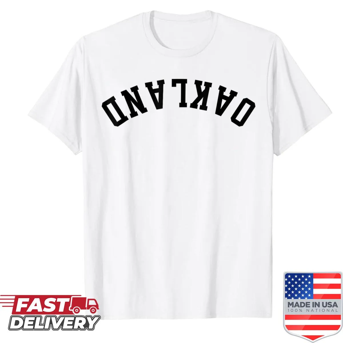 Playful Oakland city graphic shirt with an upside-down design