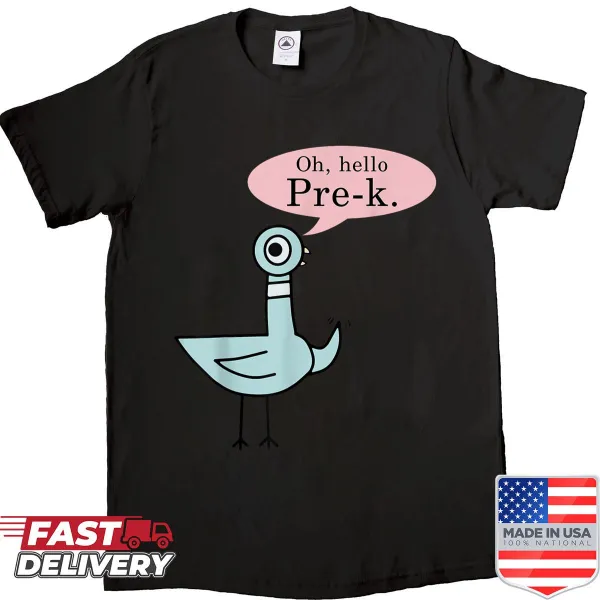 Cute pigeon graphic with 'Oh Hello Pre-kers' text on a teacher's shirt
