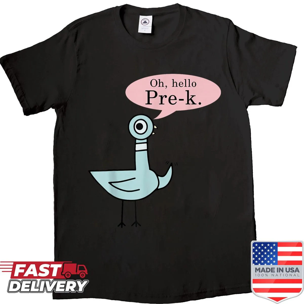 Cute pigeon graphic with 'Oh Hello Pre-kers' text on a teacher's shirt