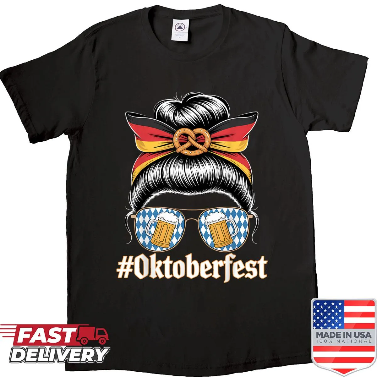 Cute Oktoberfest shirt with messy bun and German flag illustration