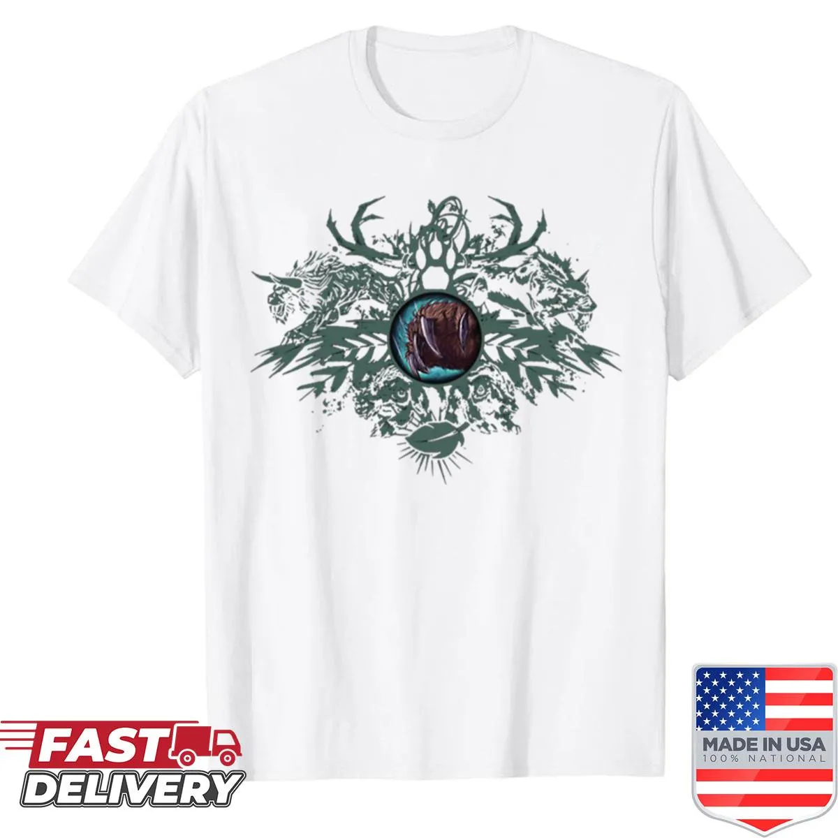 Cartoon style druid logo on a whimsical shirt