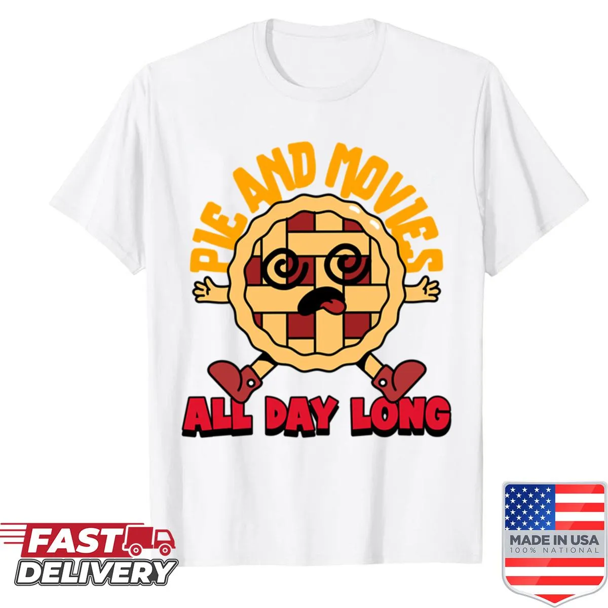 Whimsical t-shirt featuring pie and movies illustration
