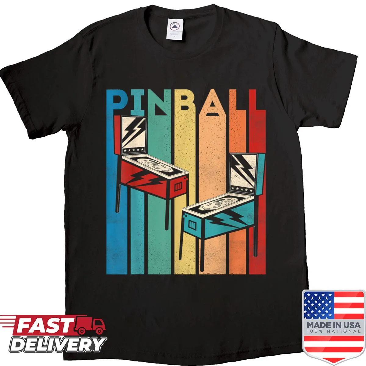 Retro T-shirt featuring a vintage pinball machine graphic