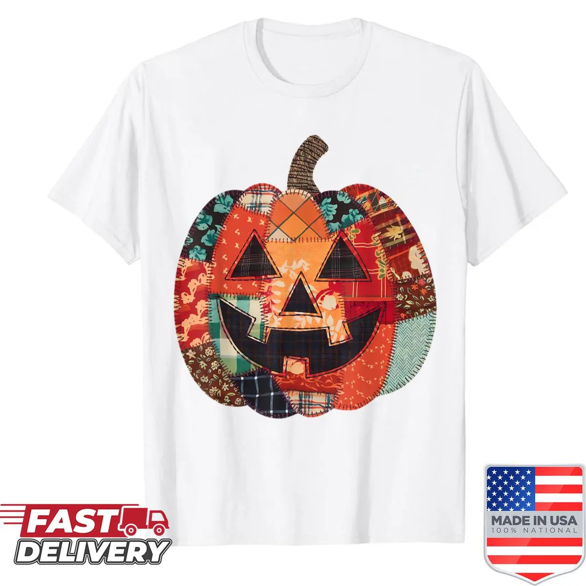 Floral patchwork pumpkin design on autumn-themed t-shirt