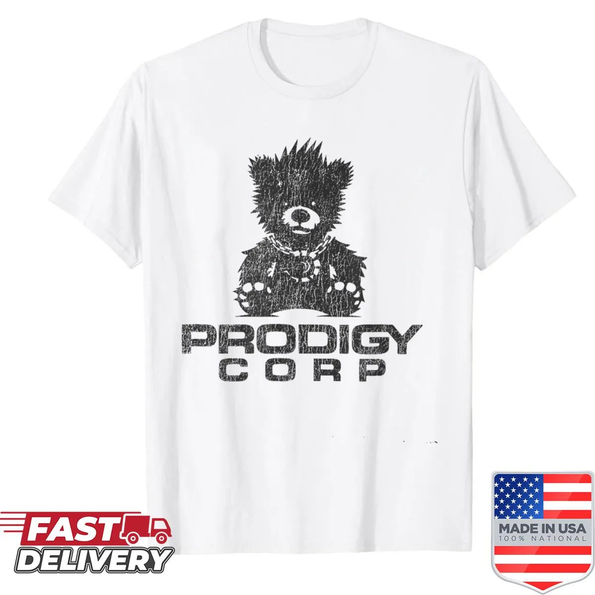 Edgy shirt featuring Prodigy Corp alien design with a distressed look.