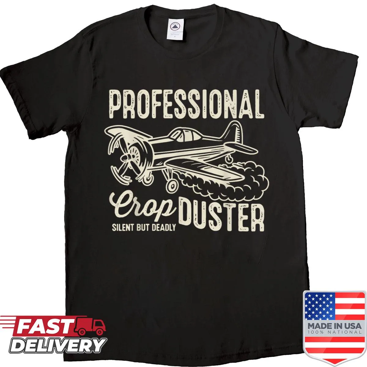 Vintage-style shirt featuring a sarcastic crop duster joke