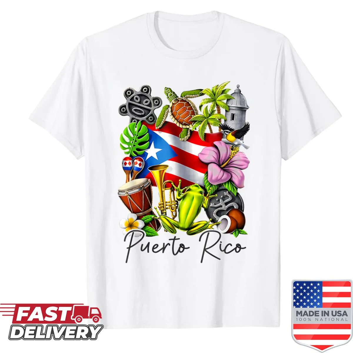 Floral frog design with Puerto Rican flag on a women's t-shirt
