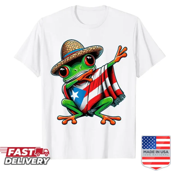 Dabbing Coqui frog design with Puerto Rican flag elements on t-shirt