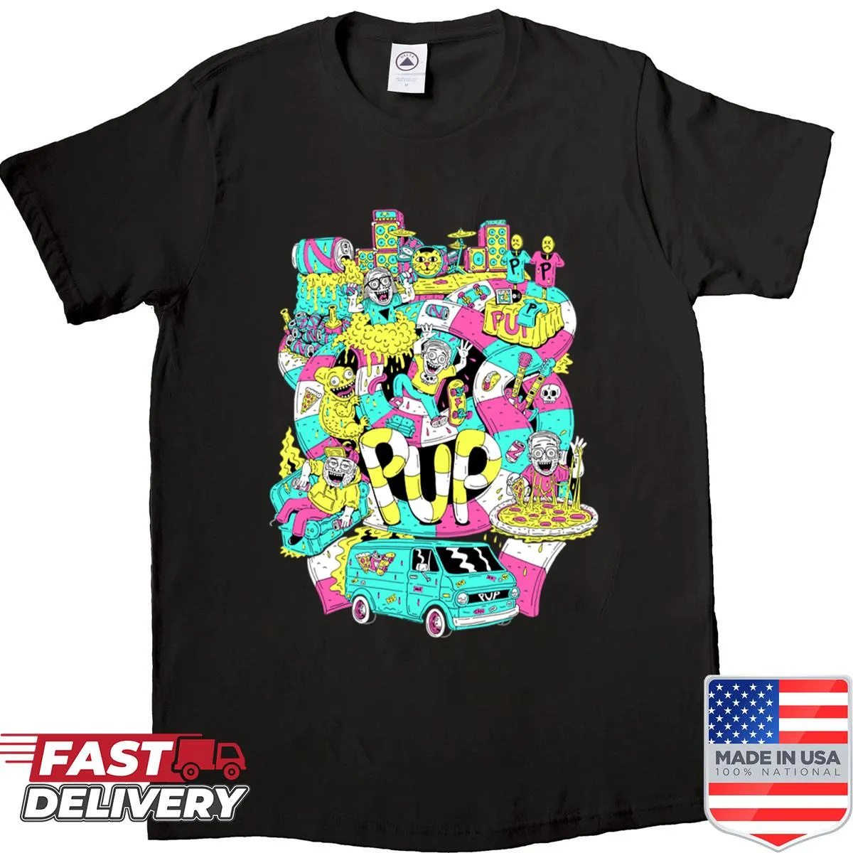 Illustrated shirt with a dog as a band lead singer and microphone