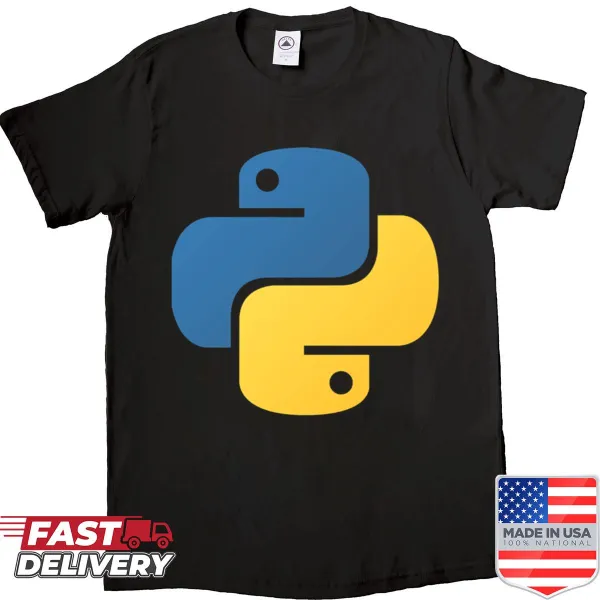 Python logo graphic on a programmer's T-shirt
