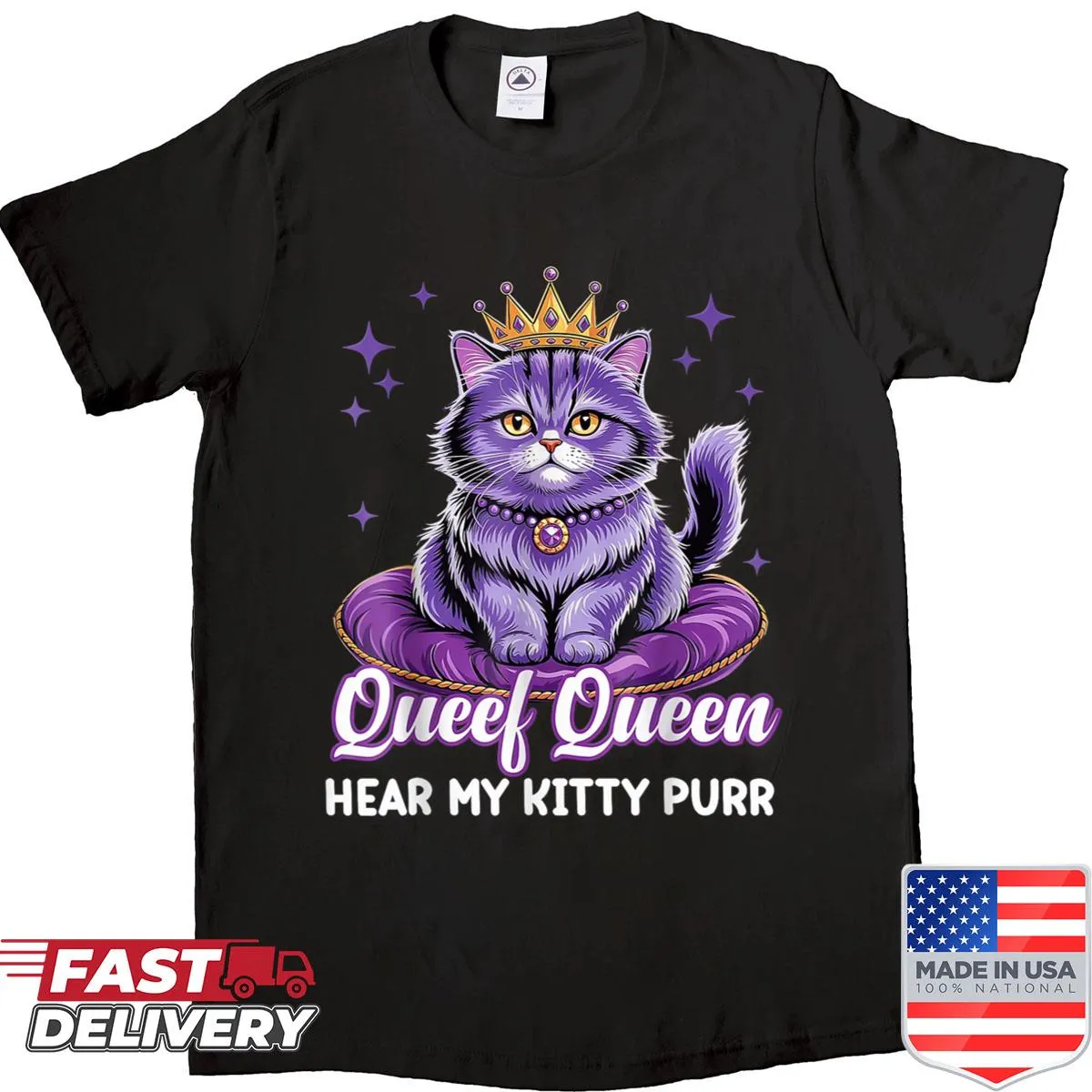 Funny shirt with 'Queef Queen' text and cartoon cat design