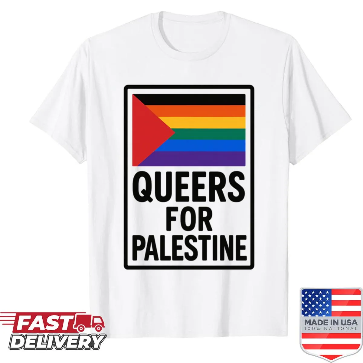 T-shirt with 'Queers For Palestine' and LGBTQ flag design