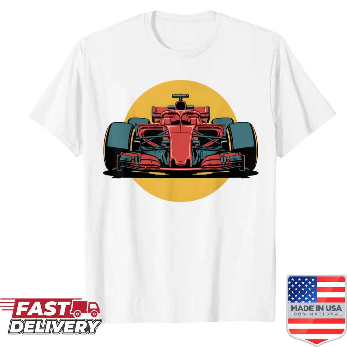 Racing car silhouette graphic on a stylish shirt.