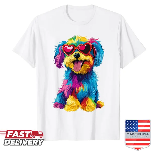 Cute cartoon dog wearing glasses and hearts design shirt