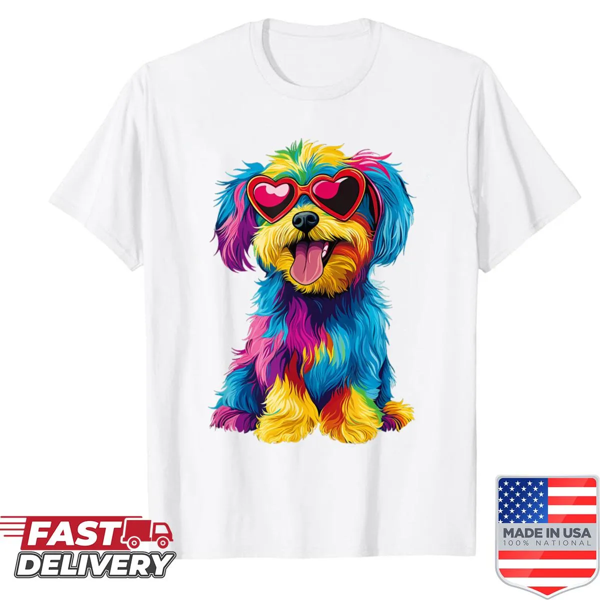 Cute cartoon dog wearing glasses and hearts design shirt