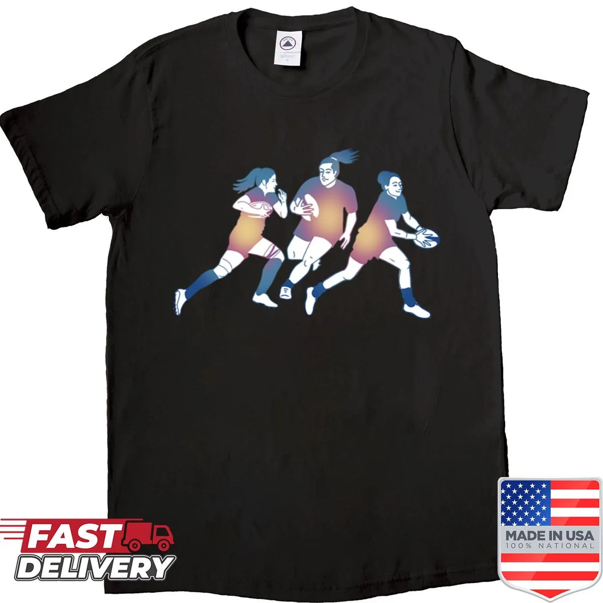 Dynamic rugby player graphic on a T-shirt