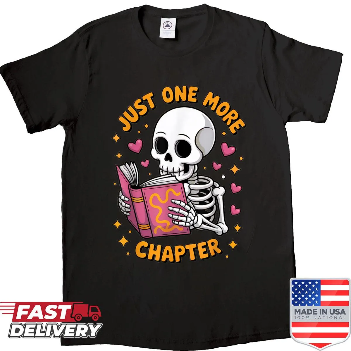 Cute shirt with the phrase 'Just One More Chapter' and book graphics