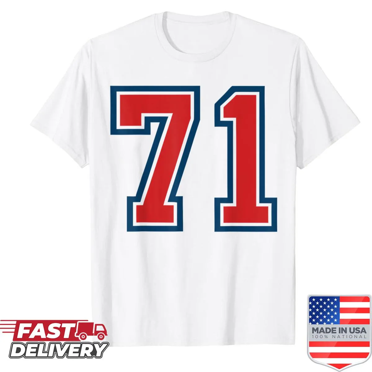 Sports T-shirt featuring number 71 in bold design.