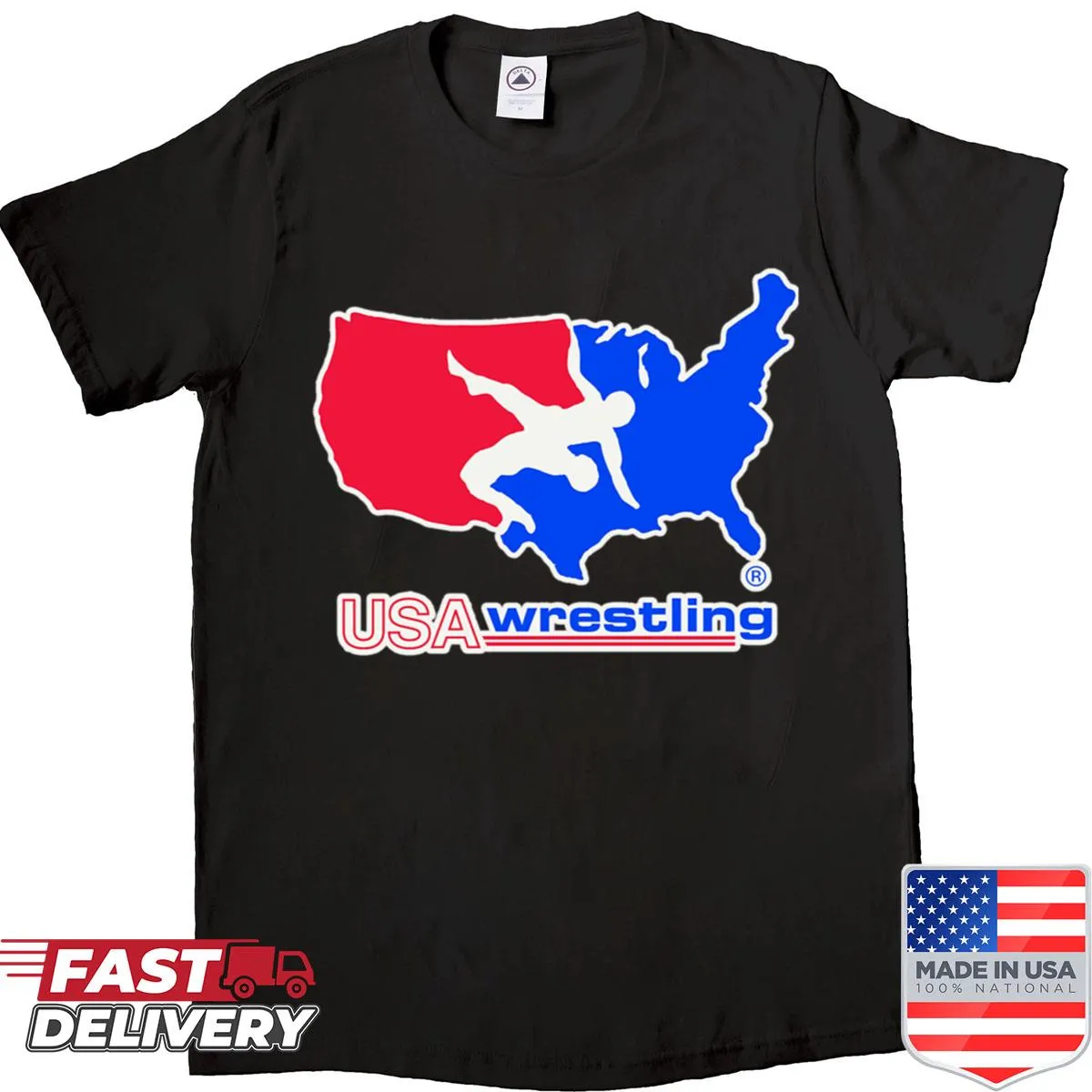 USA Wrestling logo in red and blue displayed on a shirt