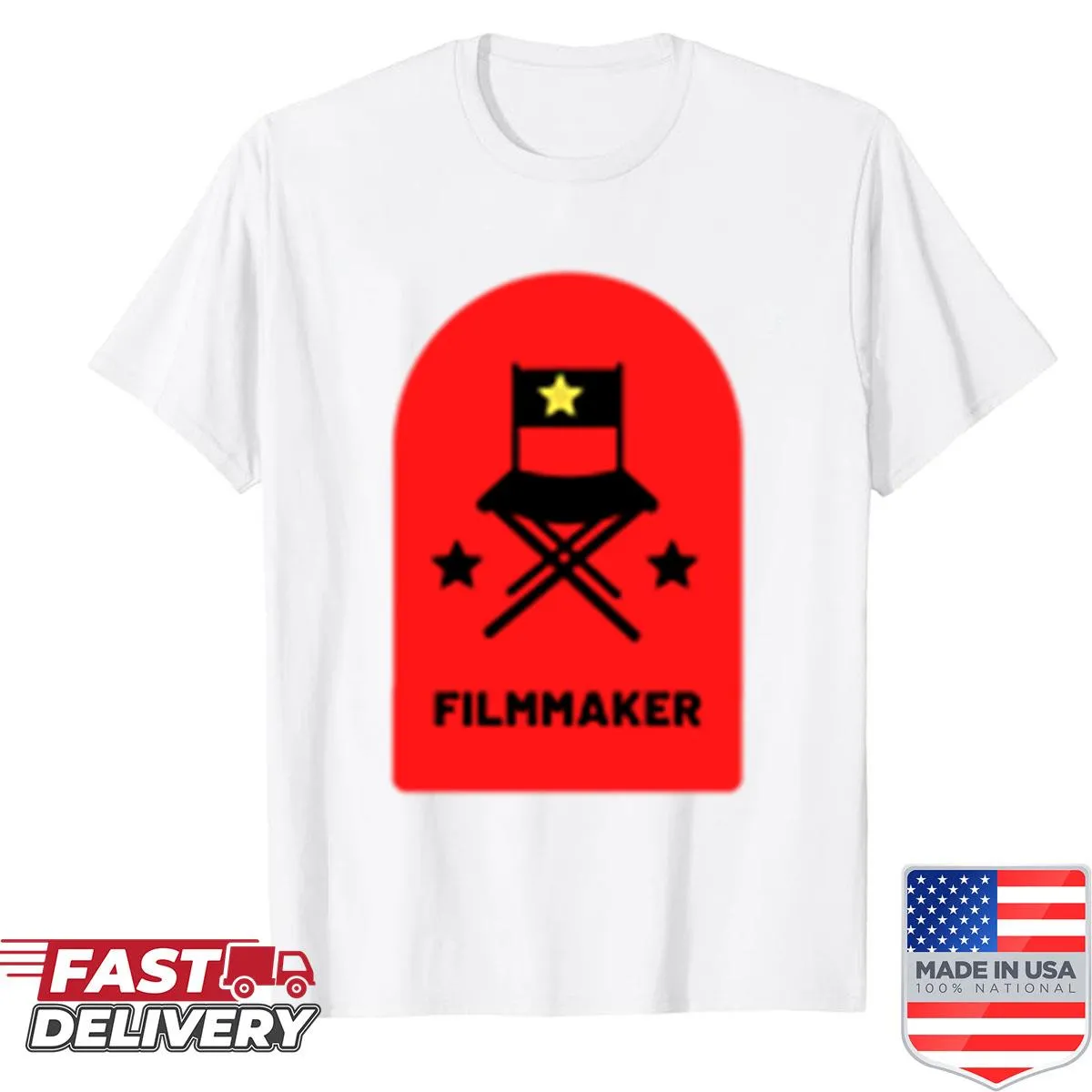 Shirt featuring a director's chair graphic and filmmaking text