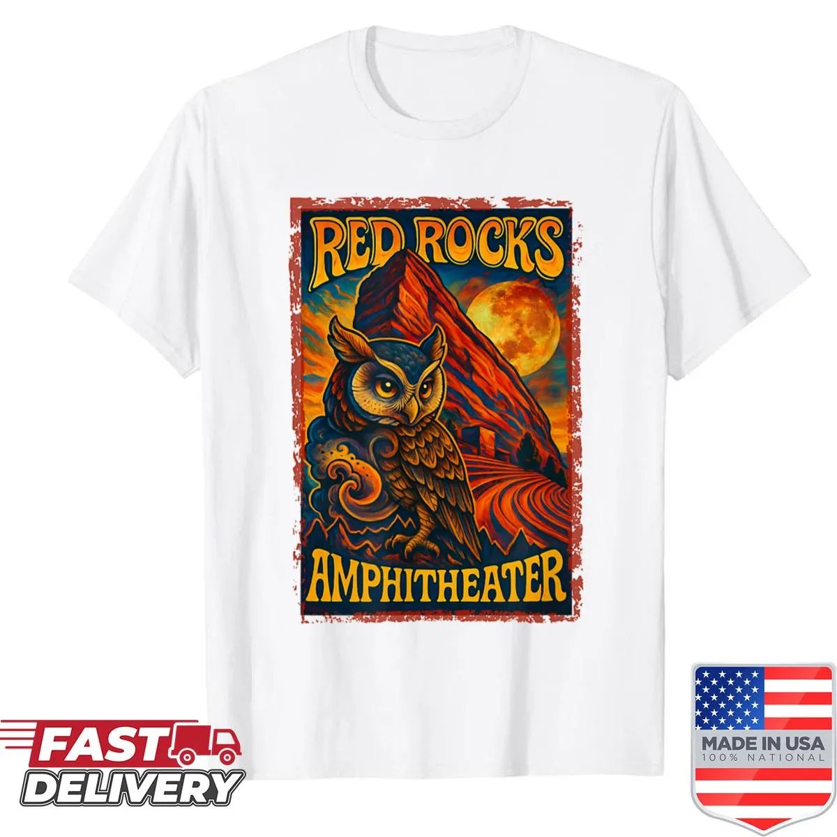 Shirt featuring Red Rocks Amphitheater and an owl illustration