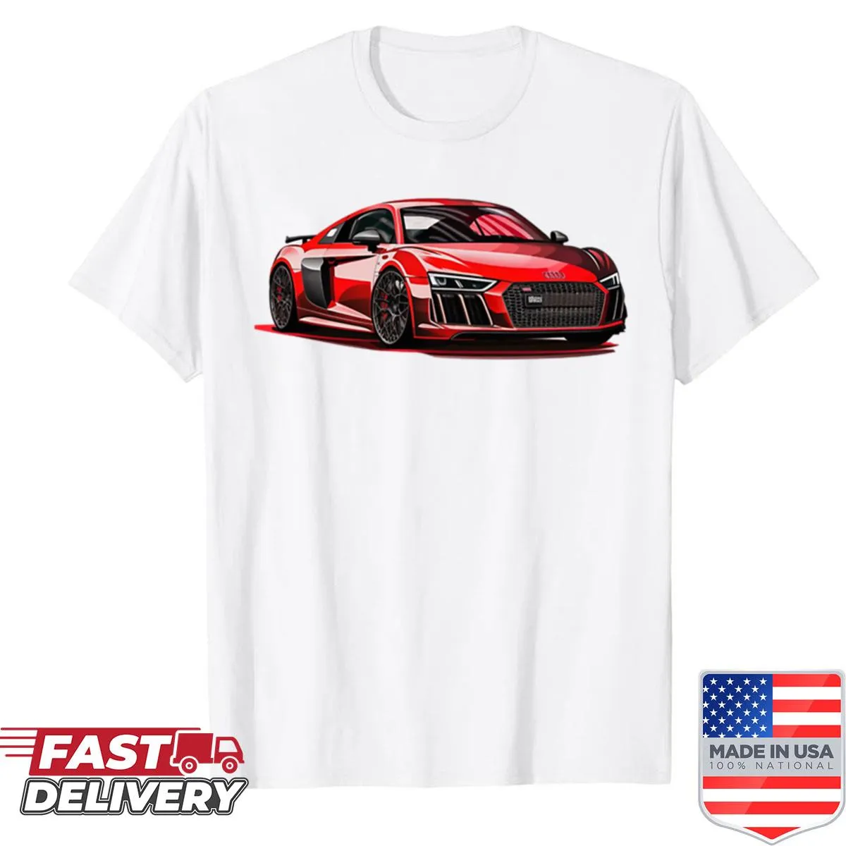 Illustration of a sleek red sports car on a t-shirt