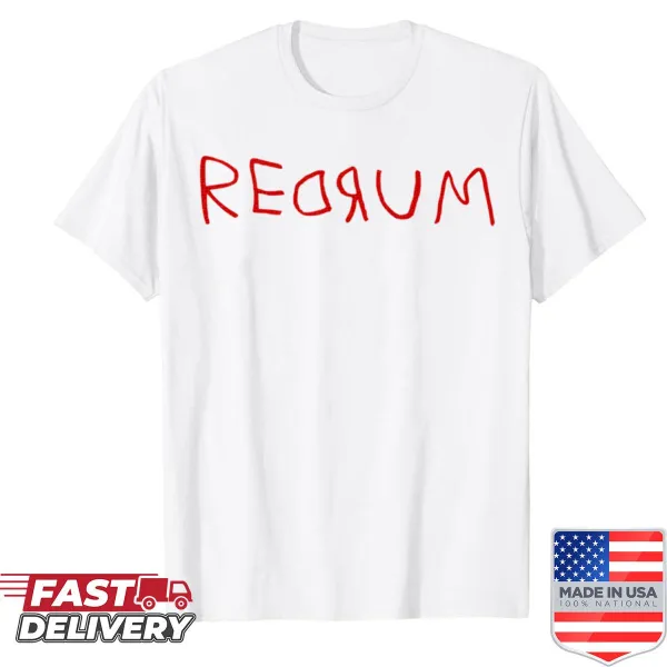 Redrum text on a shirt inspired by The Shining movie