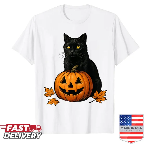 Retro Halloween shirt with a black cat and pumpkin design