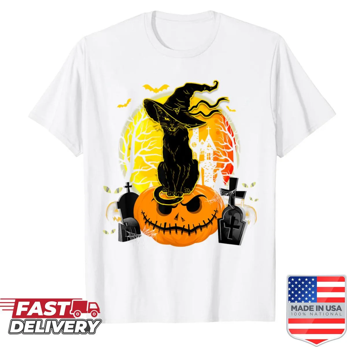Cute retro black cat and pumpkin graphic Halloween shirt.