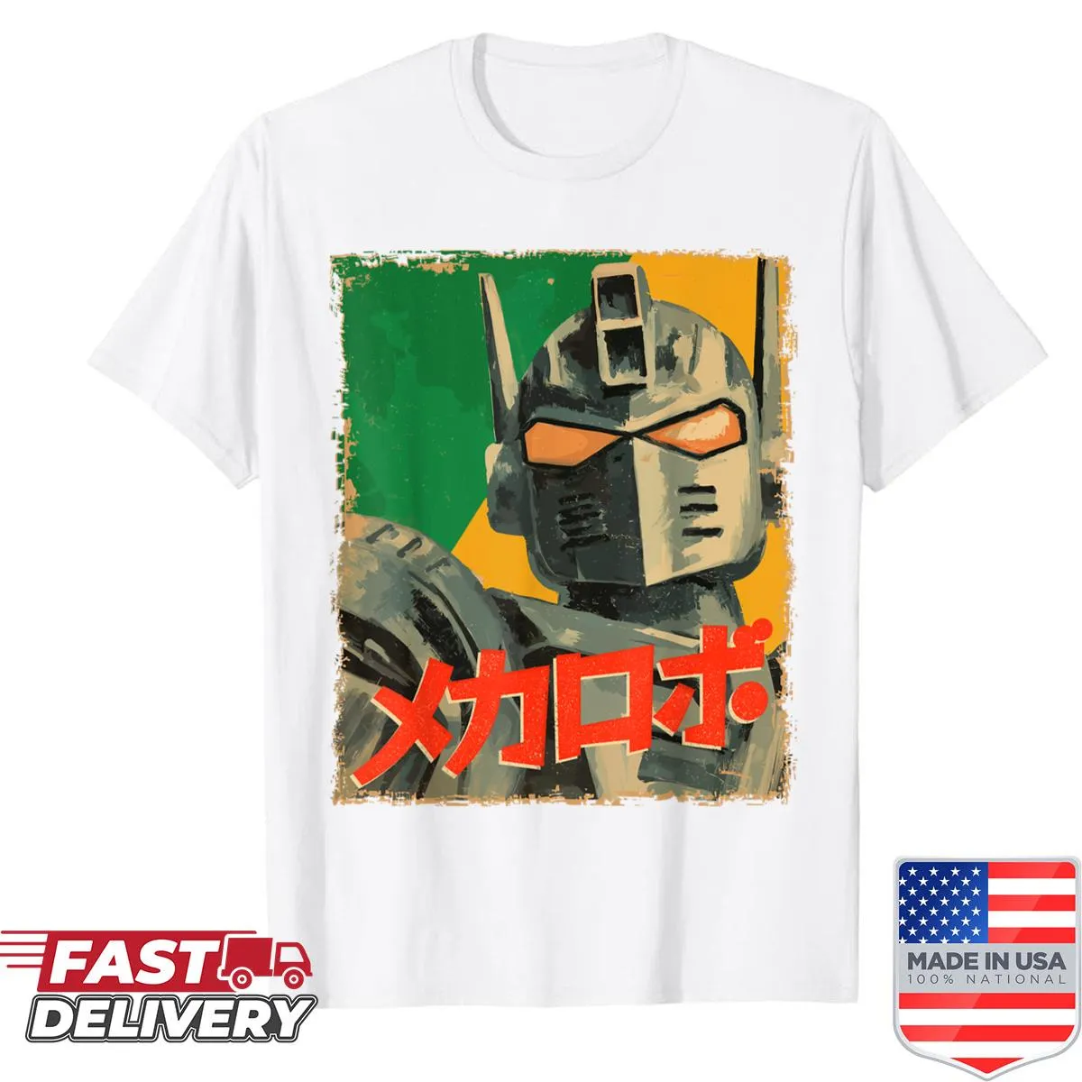 Retro graphic of a mecha robot on an anime-style T-shirt