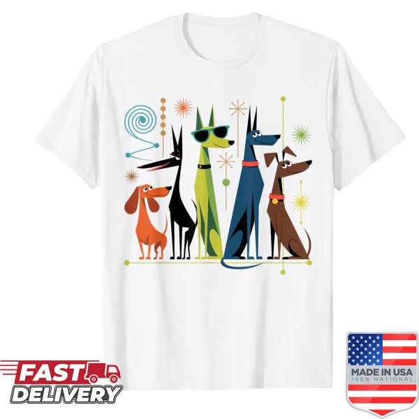 Retro-inspired shirt featuring mid-century modern dog illustrations