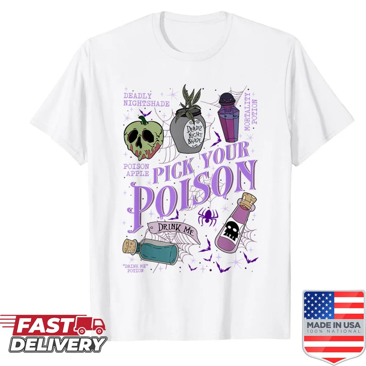 Illustrative Halloween shirt featuring villains with 'Pick Your Poison' text