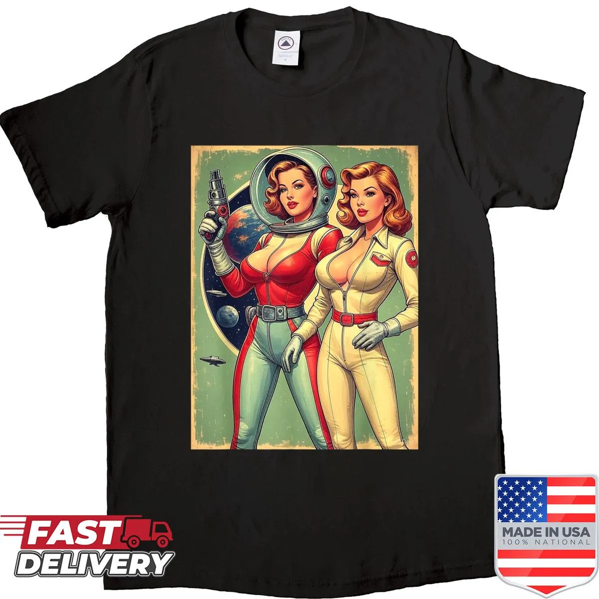 Vintage-style sci-fi T-shirt featuring retro space explorers and pulp art.