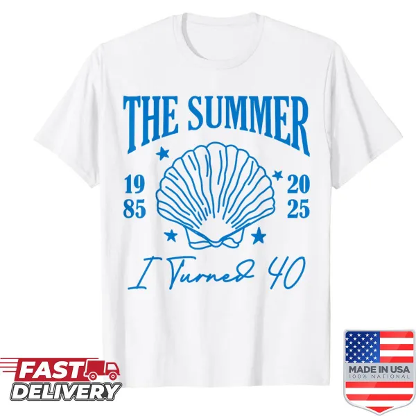 Retro summer-themed T-shirt for 40th birthday with seashells