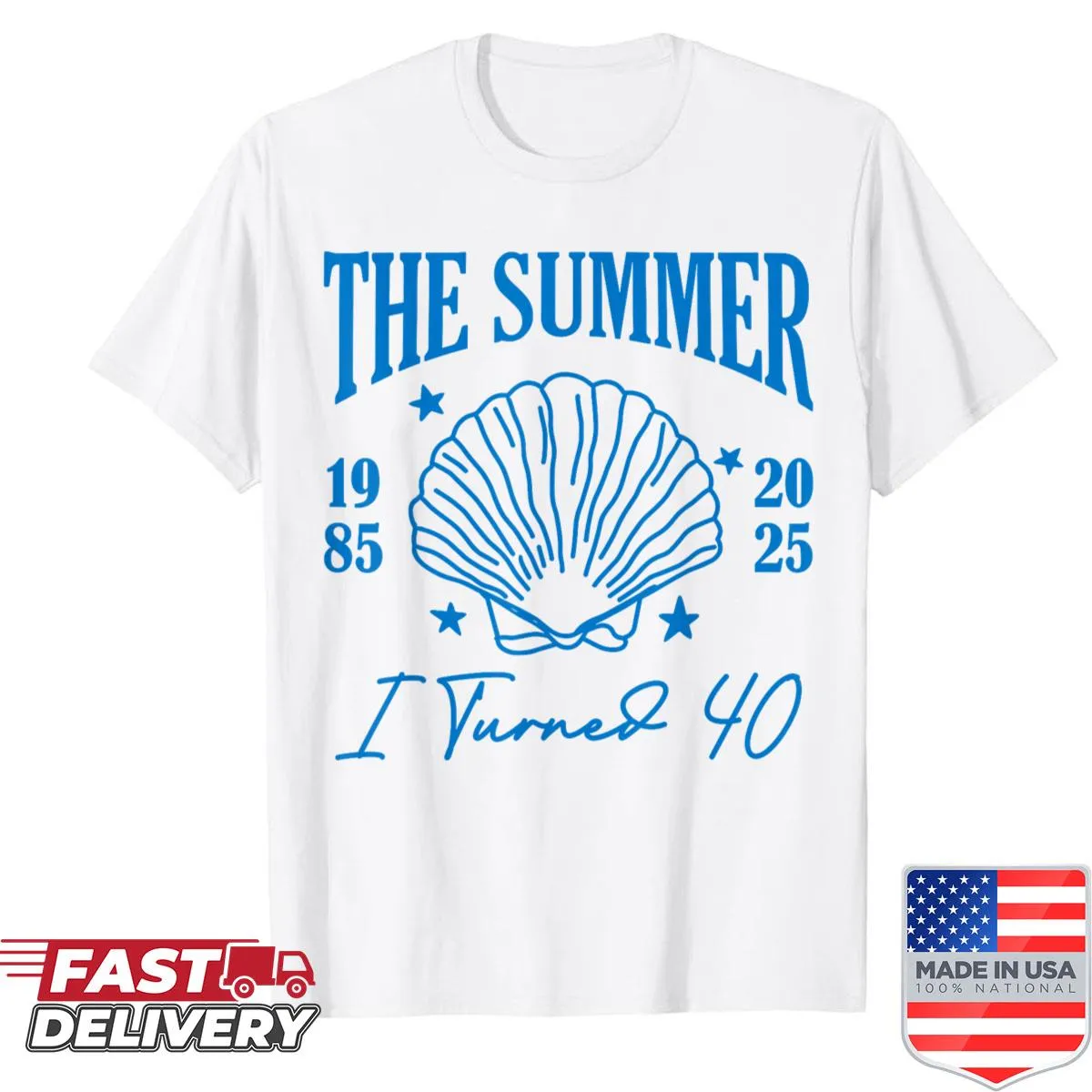 Retro summer-themed T-shirt for 40th birthday with seashells