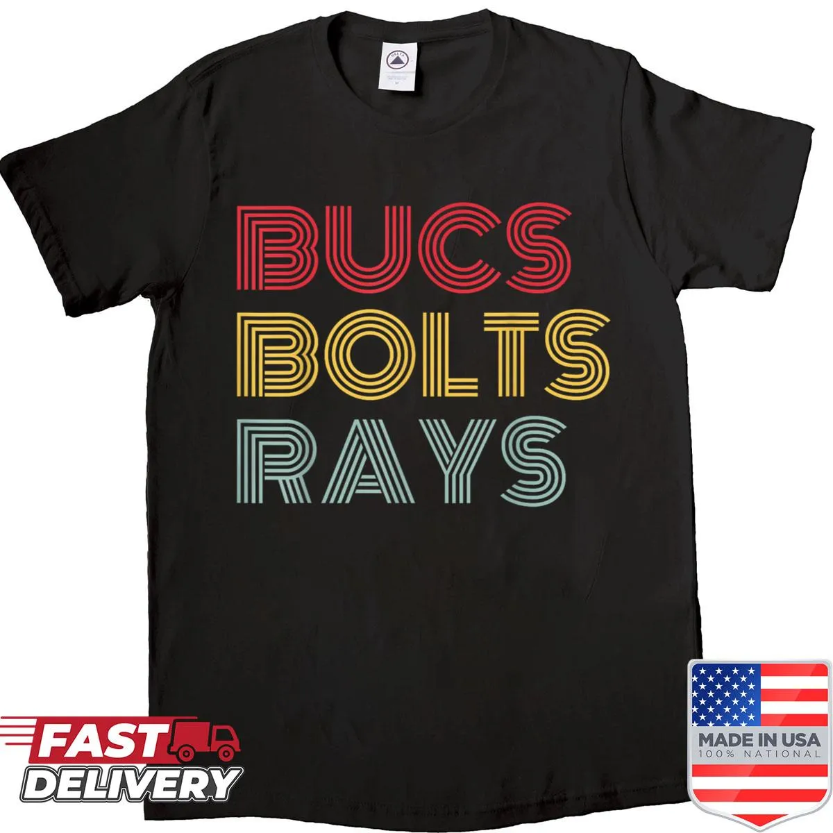 Vintage sports shirt featuring Bucs, Bolts, and Rays designs