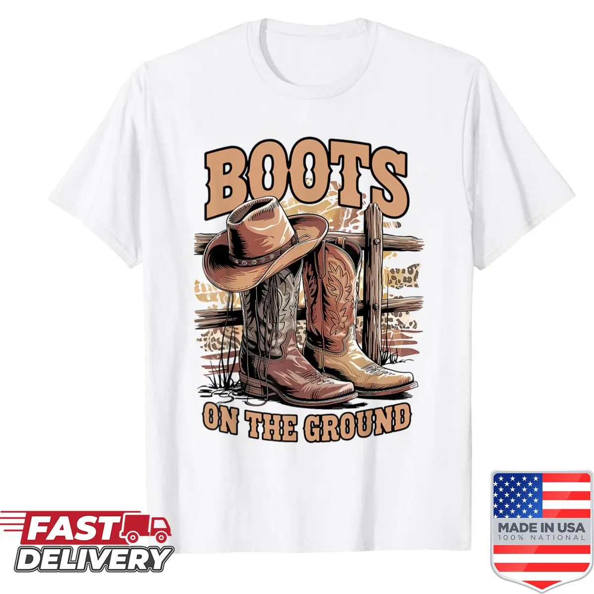 Retro cowgirl shirt featuring a cowboy hat and boots design.