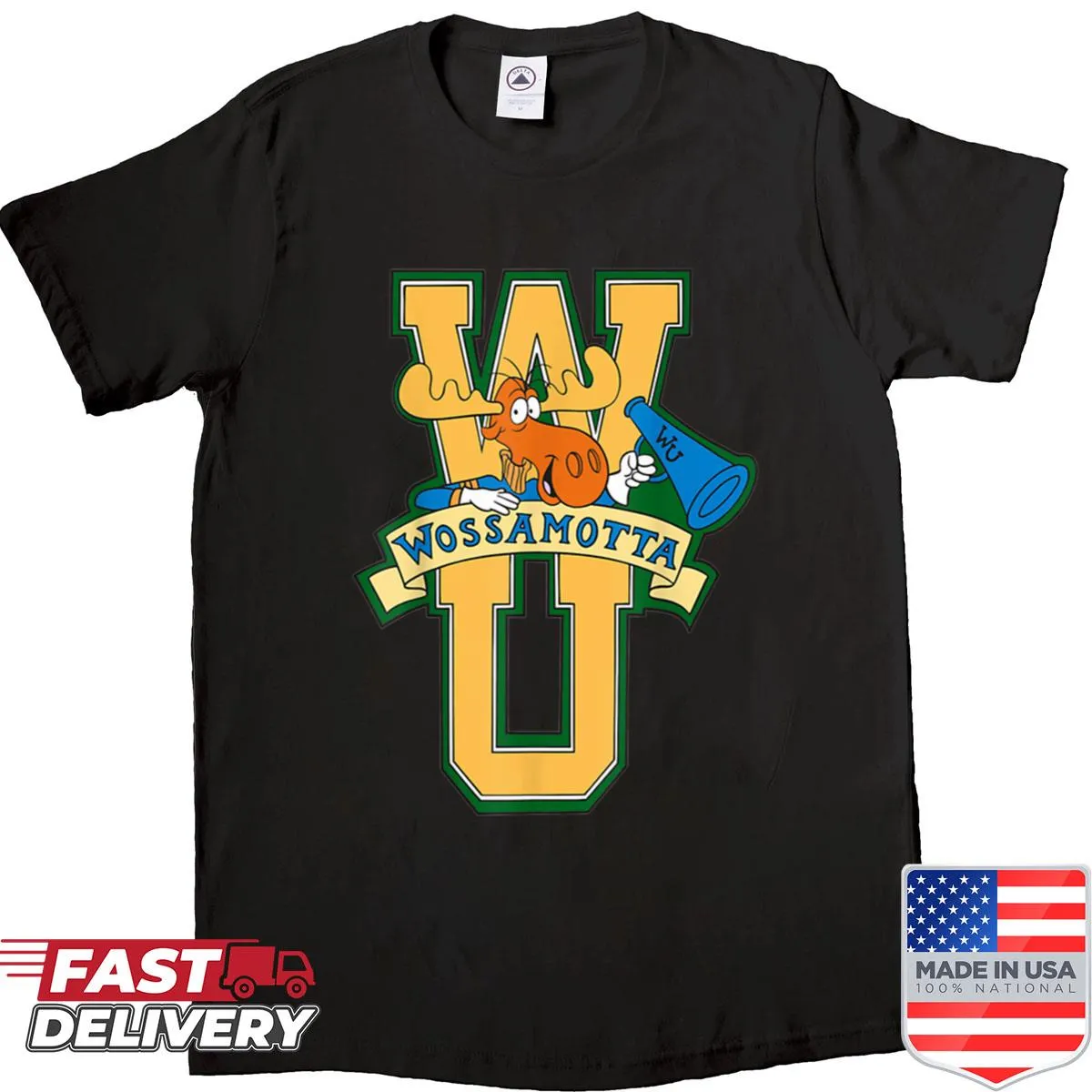 Graphic shirt featuring Wossamotta U logo from Rocky and Bullwinkle