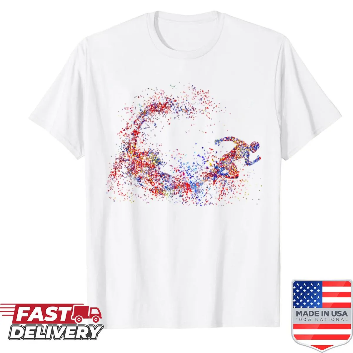 Graphic shirt featuring a running man design