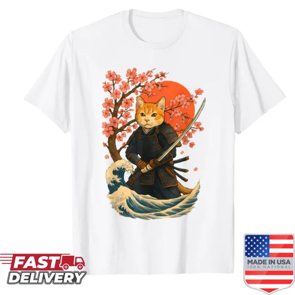 Illustration of a cat in samurai armor on a vintage-style shirt.