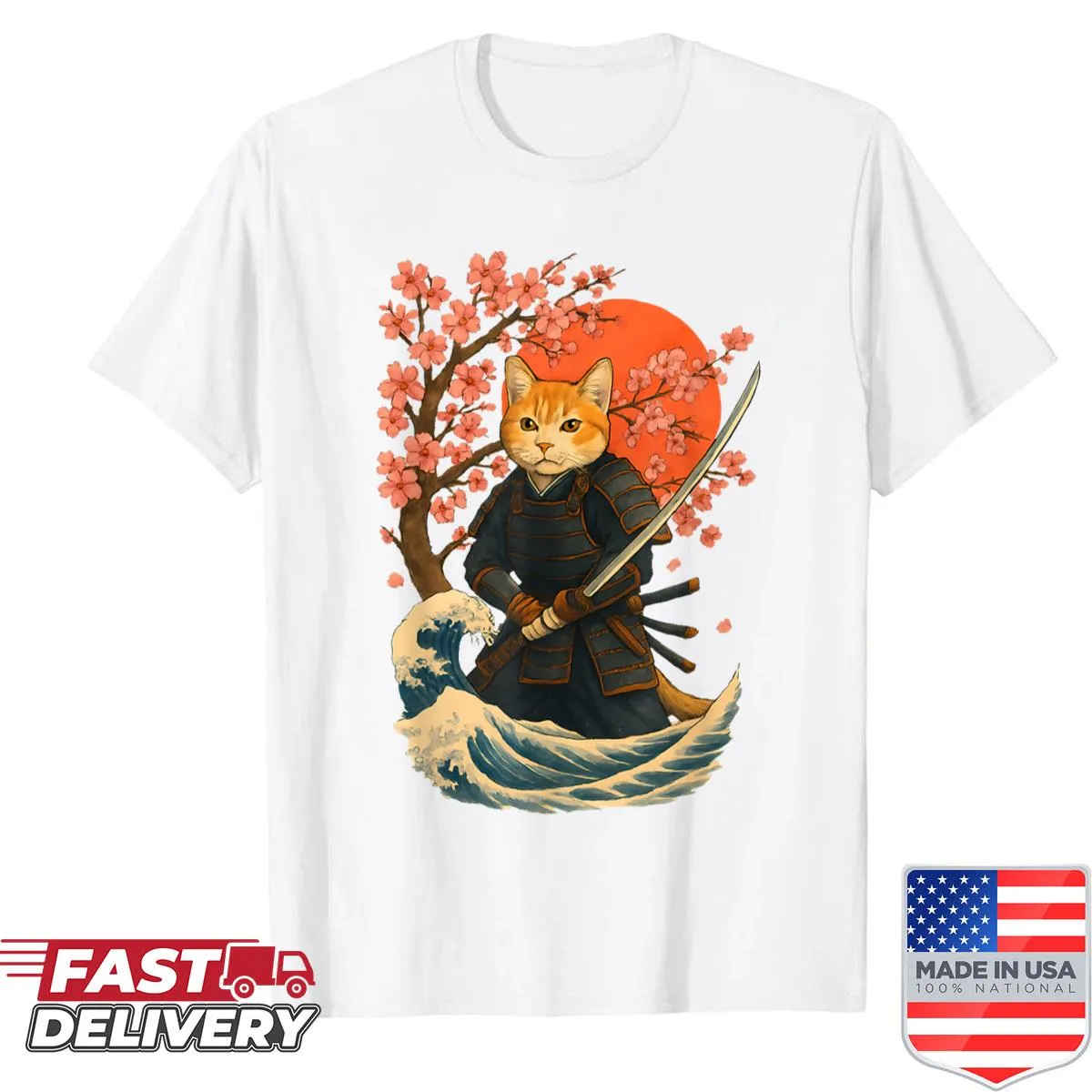 Illustration of a cat in samurai armor on a vintage-style shirt.