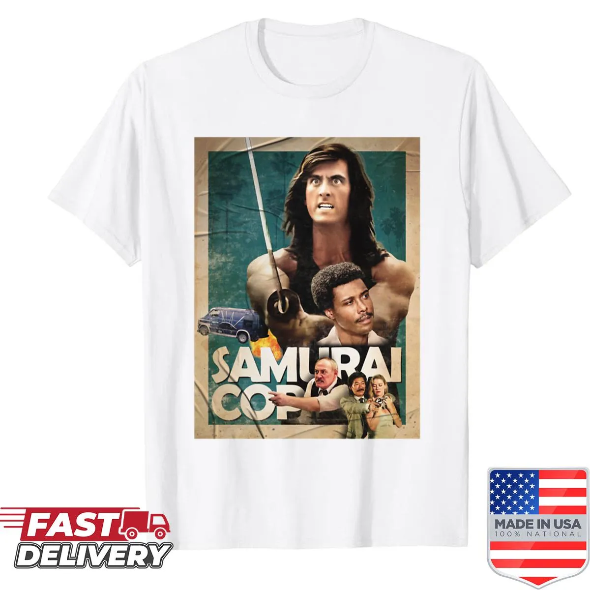 Retro shirt featuring graphics from the film 'Samurai Cop'