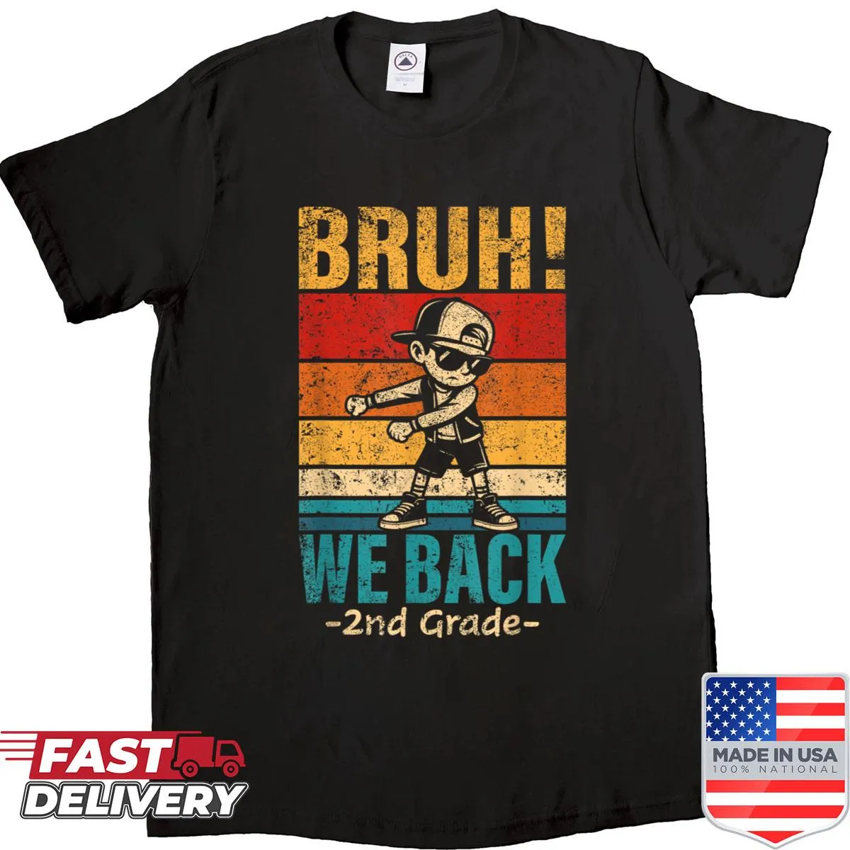 Illustrated shirt with the phrase 'Bruh We Back' and playful graphics for kids.