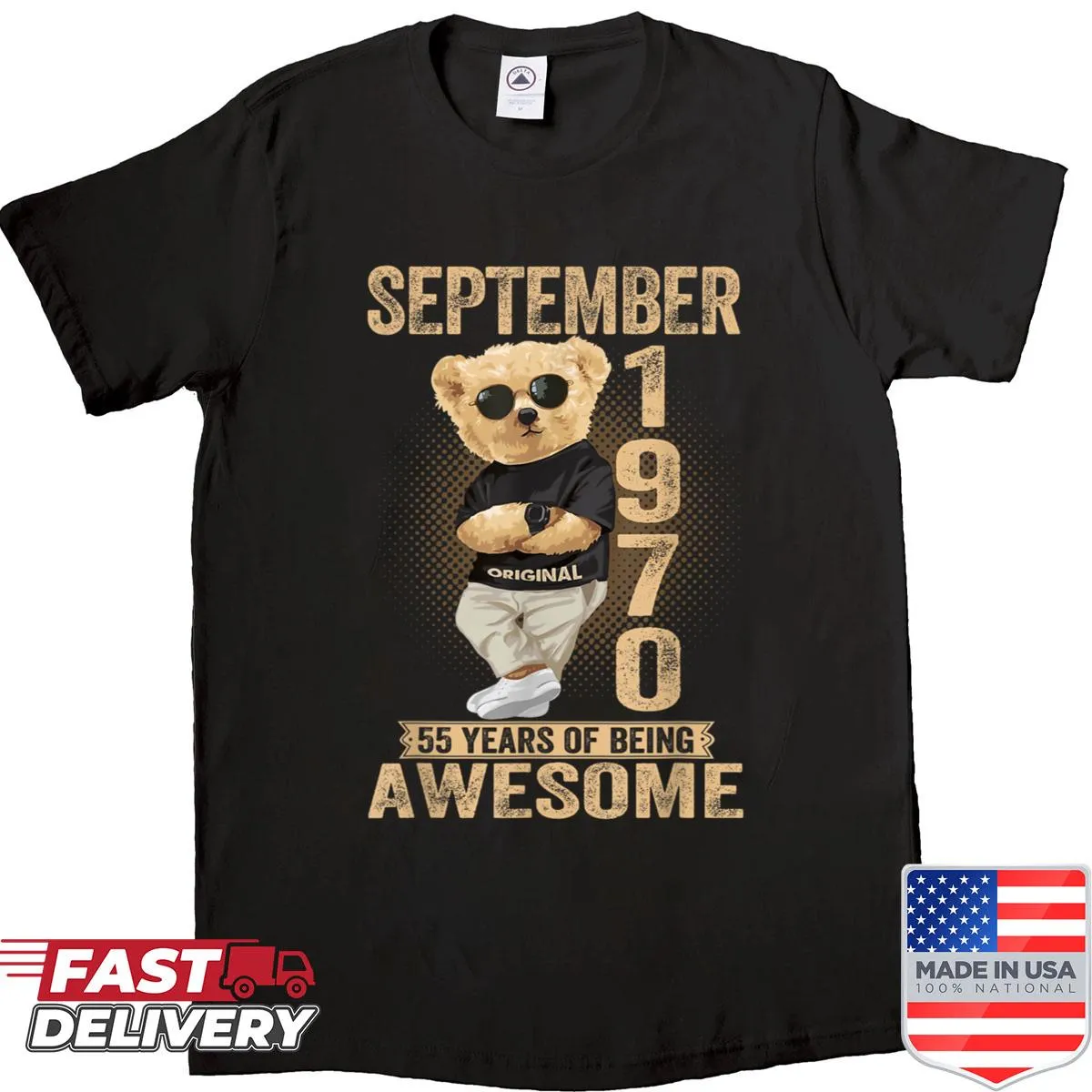 Cute teddy bear birthday t-shirt with September 55th design