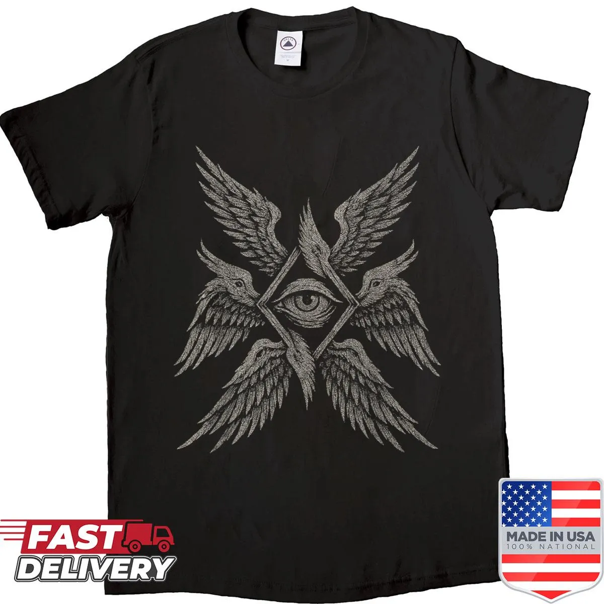Illustration of a seraphim and seeing eye on a shirt