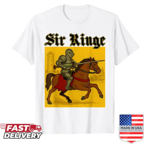Vintage-style shirt with a humorous knight graphic and pun.