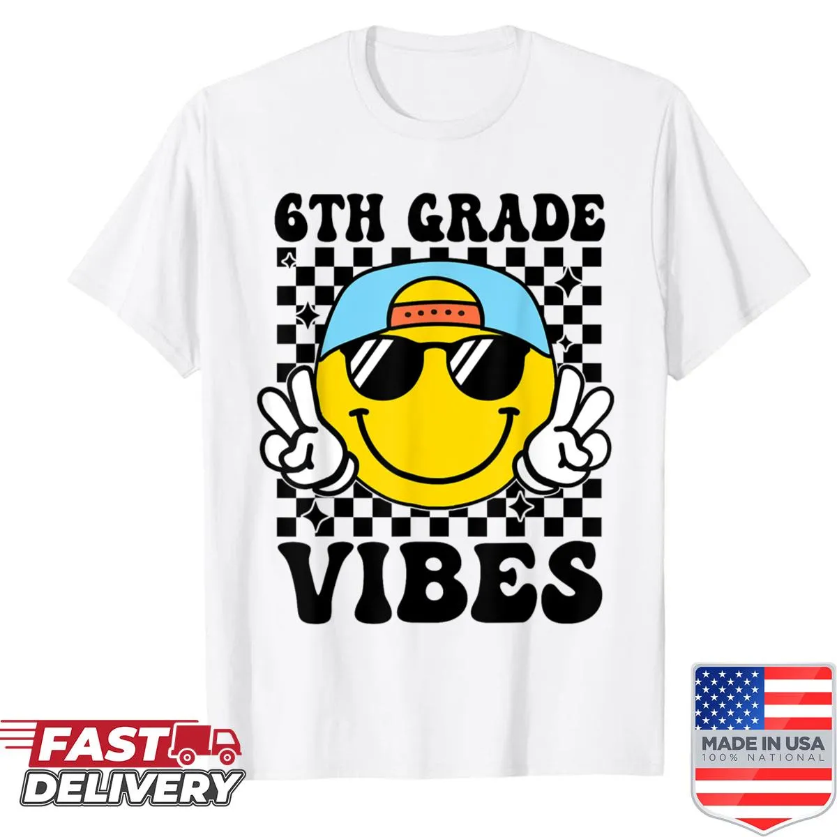 Shirt with 'Sixth Grade Vibes' text and cheerful illustration