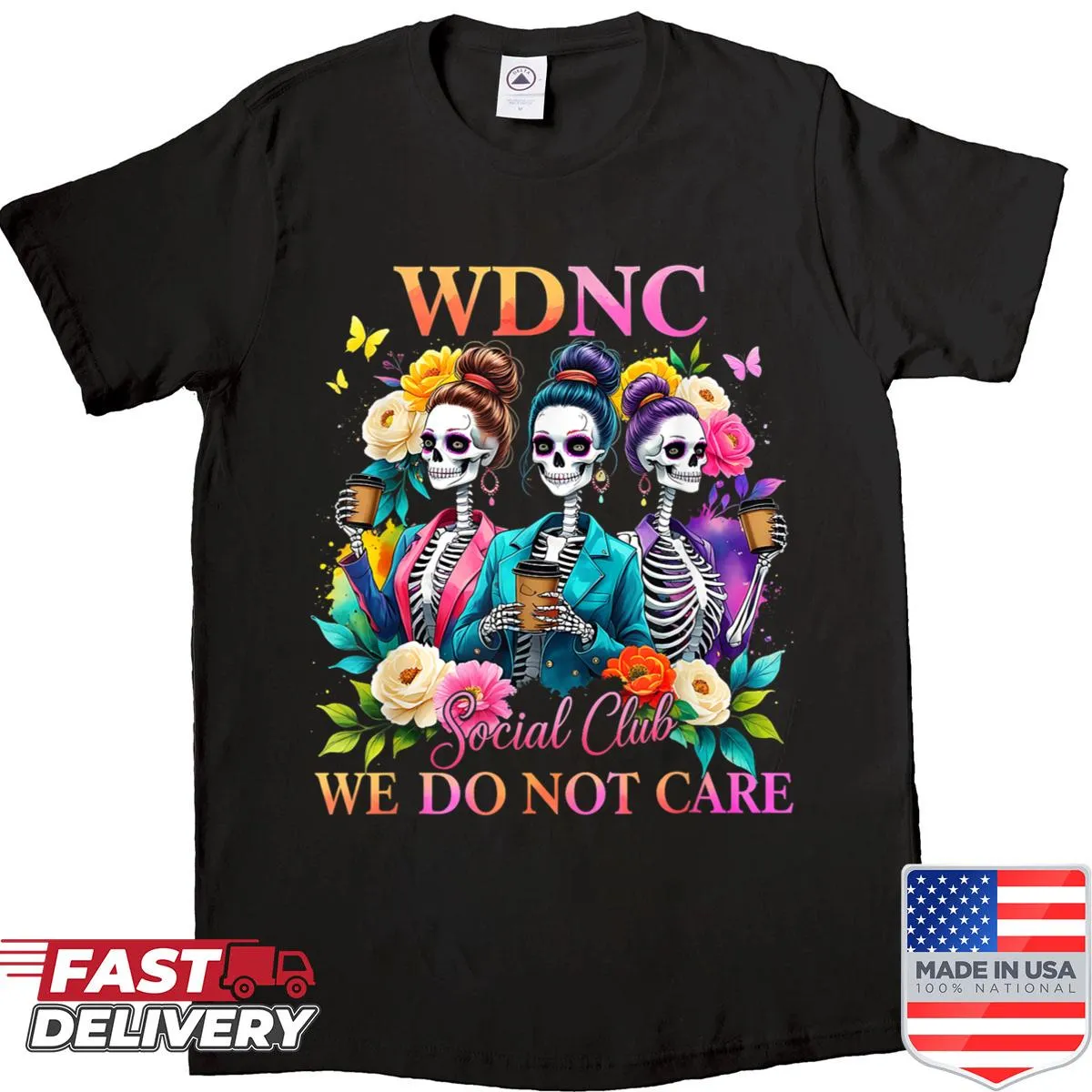 Cute shirt with a skeleton girl and retro floral design