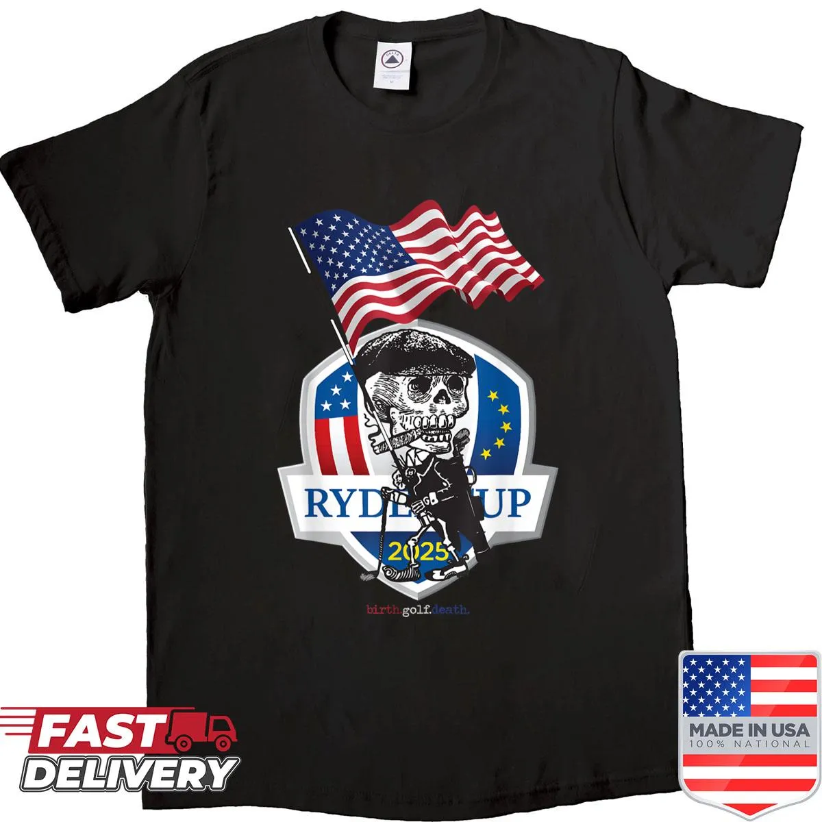 Funny skeleton golfer shirt with USA flag design