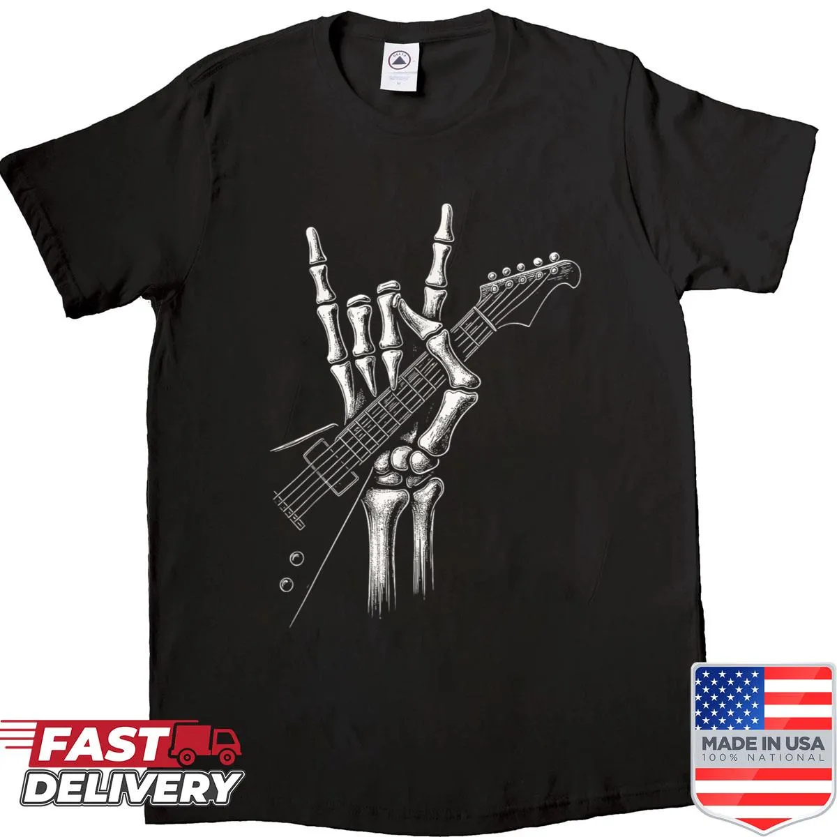 Halloween shirt with skeleton hand holding an electric guitar